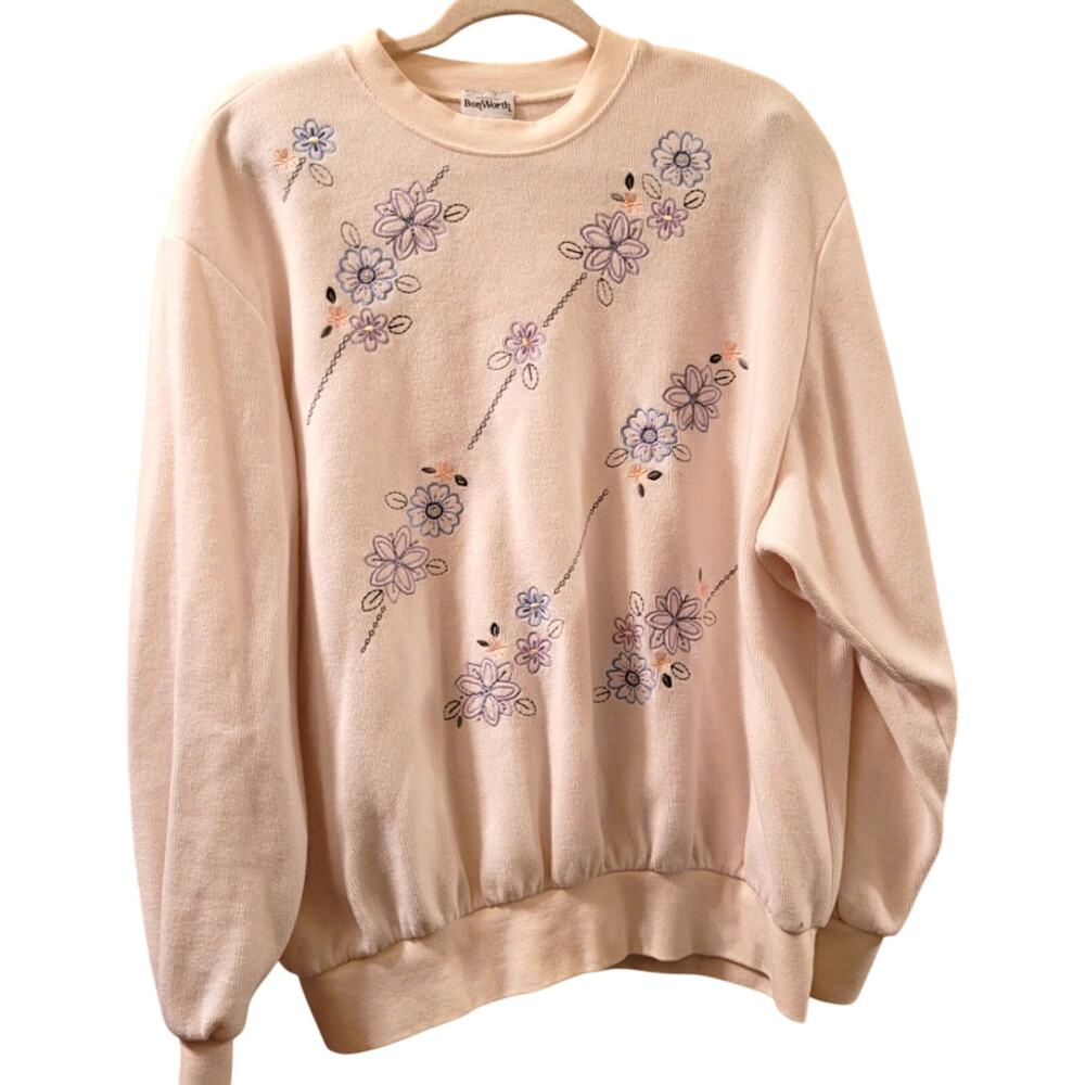 Vntg Womens Floral Embroidered Knit Sweater Size XL Coquette Cottagecore